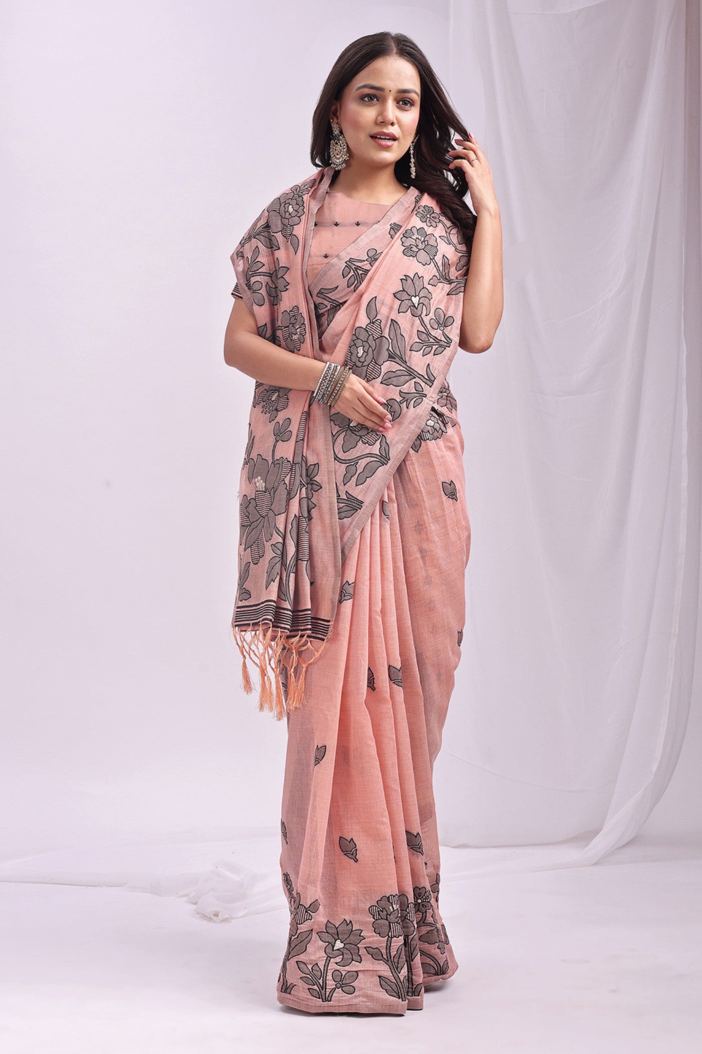 Buy MySilkLove Pum Peach Woven Linen Cotton Saree Online
