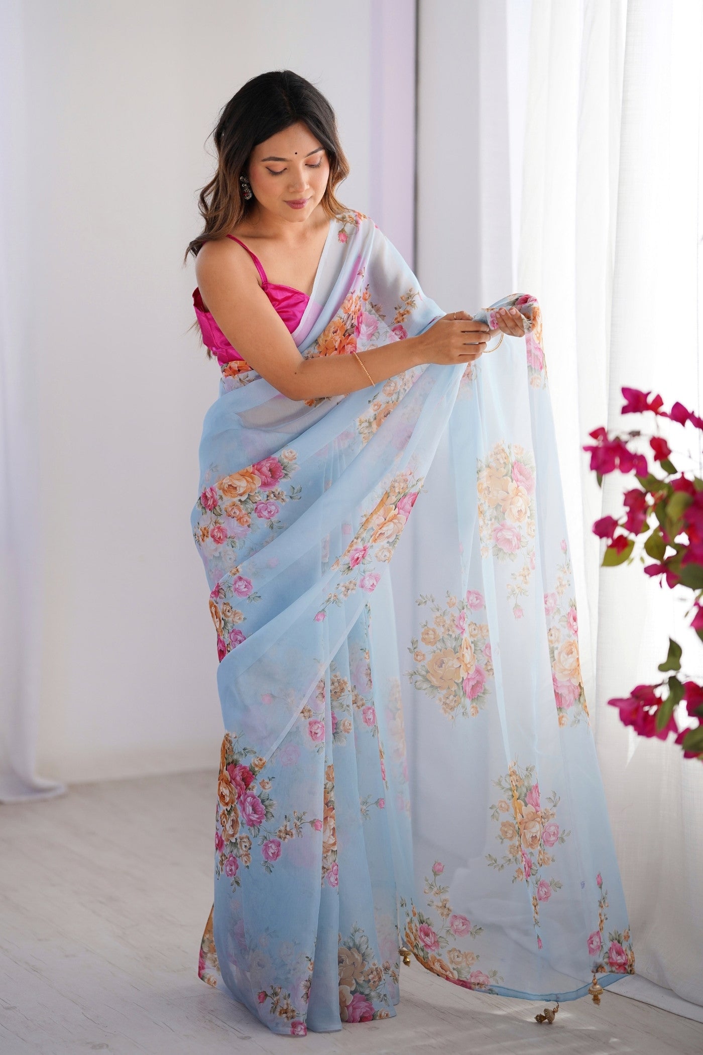 Buy MySilkLove Water Blue Organza Printed Saree Online