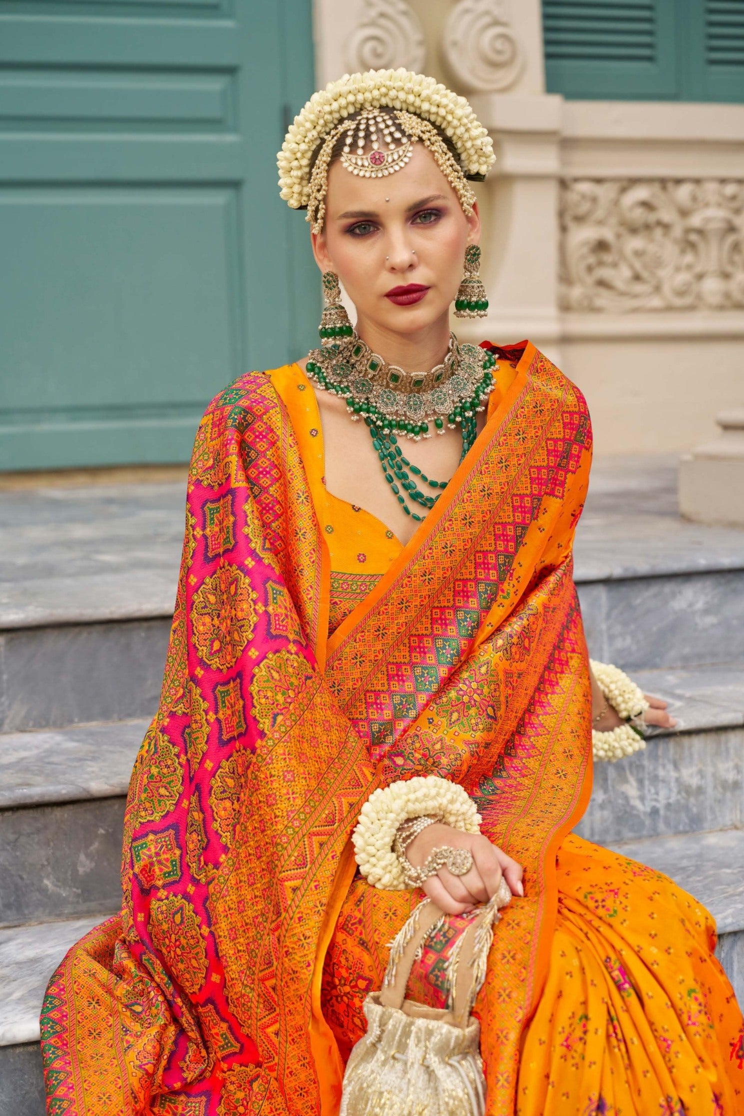MySilkLove Zest Orange Printed Kashmiri Jamewar Silk Saree