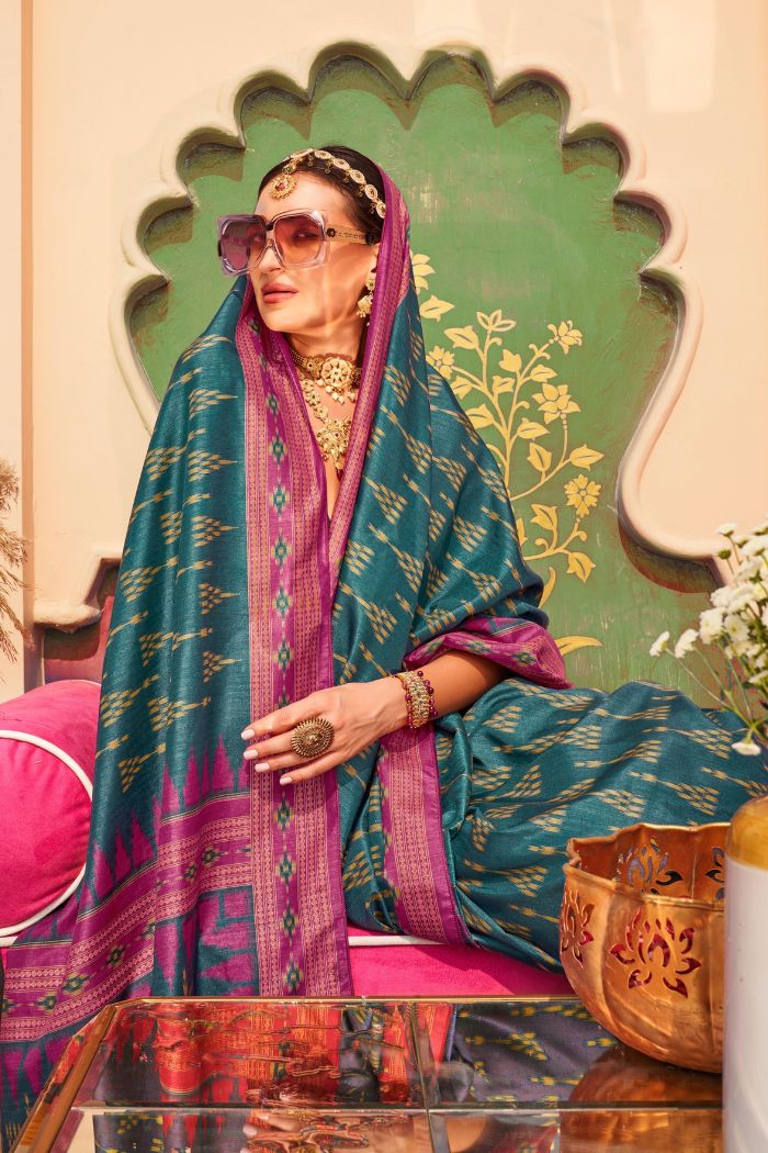 Buy MySilkLove Water Blue Printed Banarasi Soft Silk Saree Online
