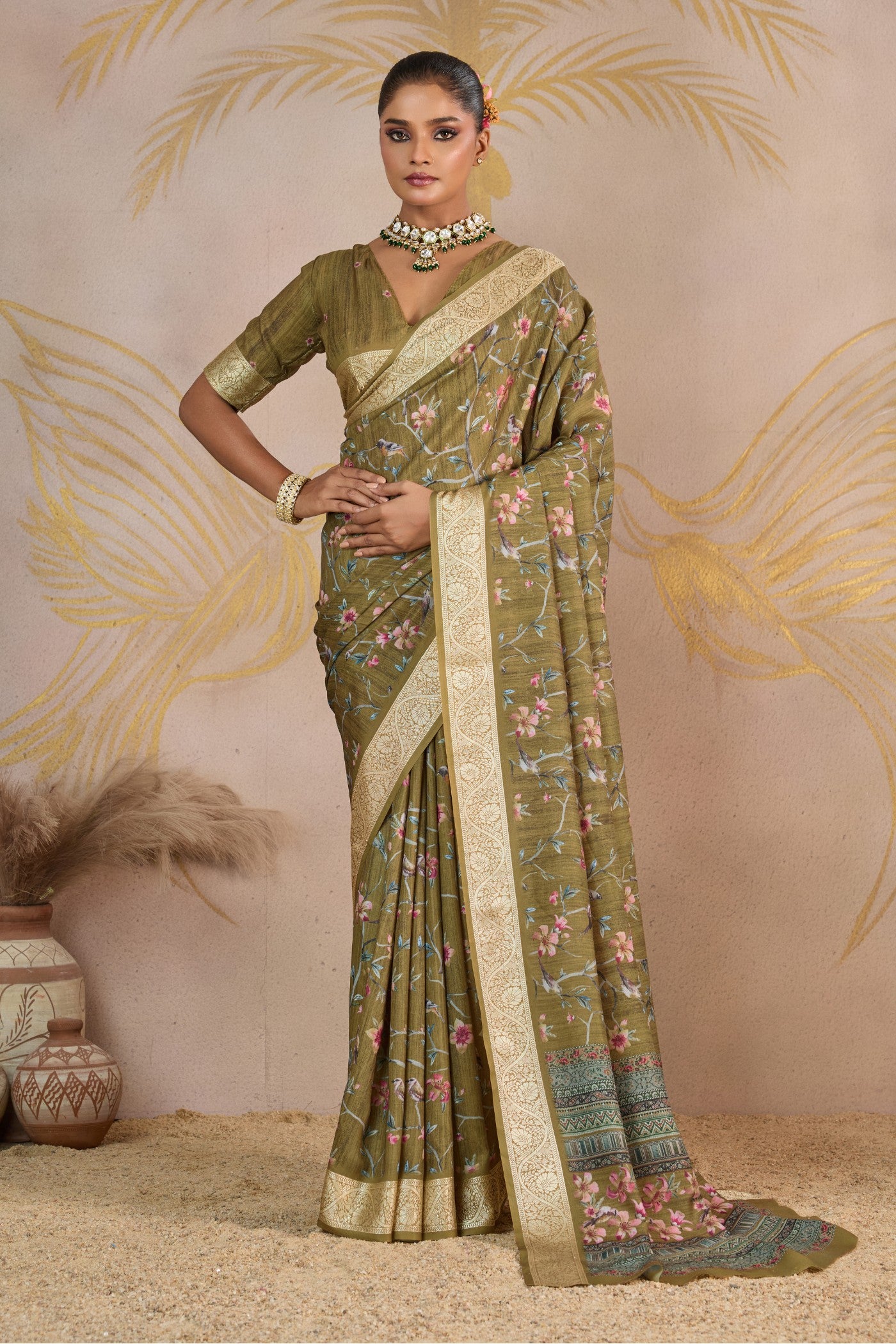 Buy MySilkLove Opulent Green Viscose Digital Printed Saree Online