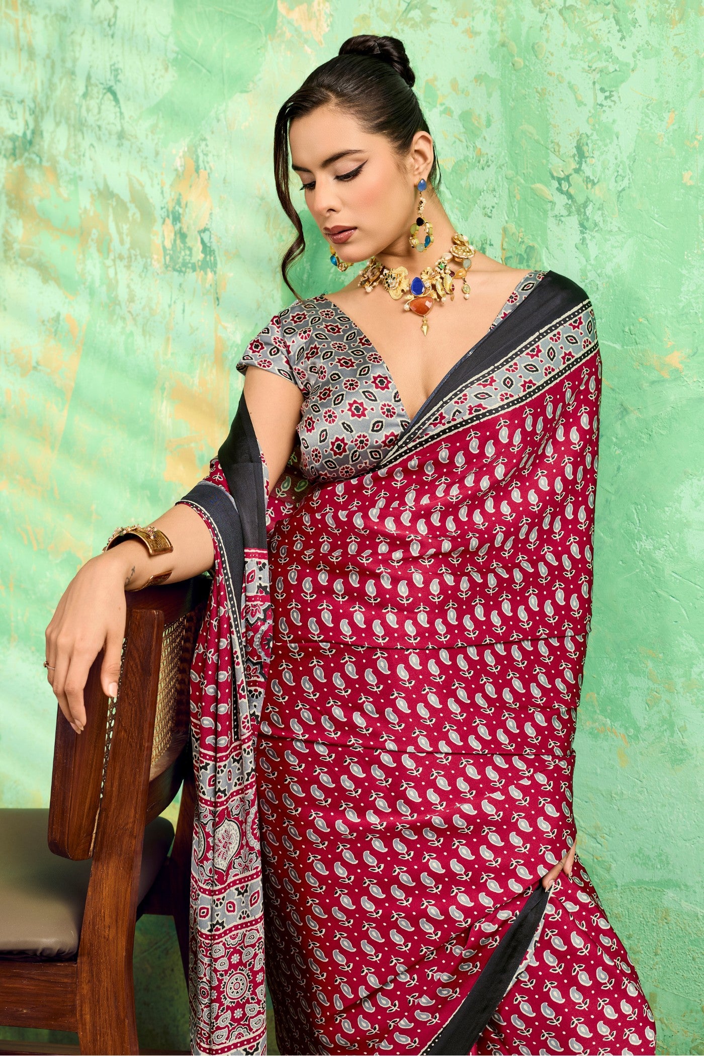 MySilkLove Batorange Red Modal Ajrakh Satin Printed Silk Saree
