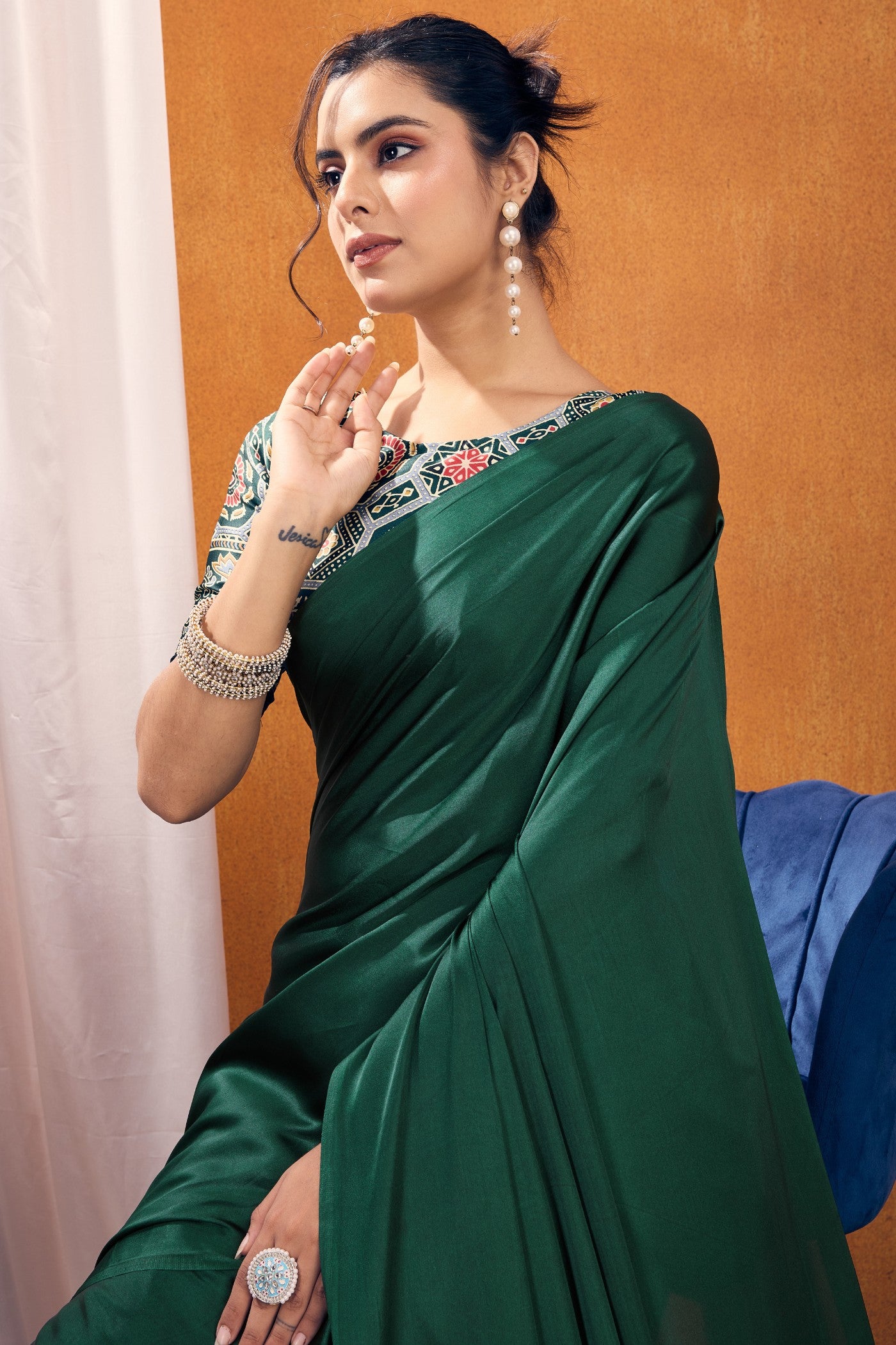 Buy MySilkLove Hellebores Green Ajrakh Printed Satin Crepe Silk Saree Online