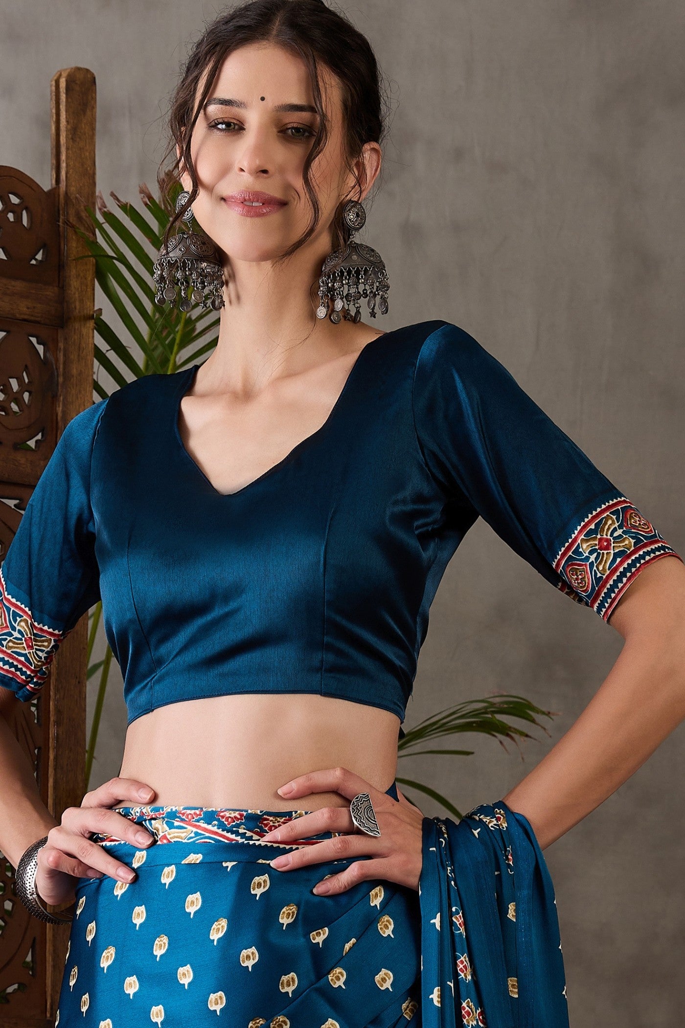 Buy MySilkLove James Blue Printed Satin Gaji Silk Saree Online