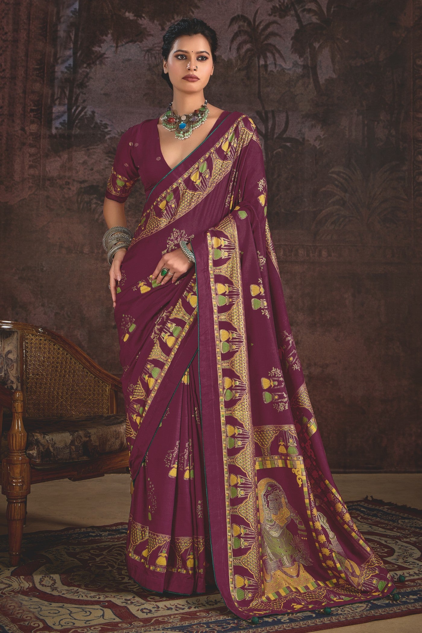 Buy MySilkLove Berry Marron Tussar Rajwadi Printed Silk Saree Online