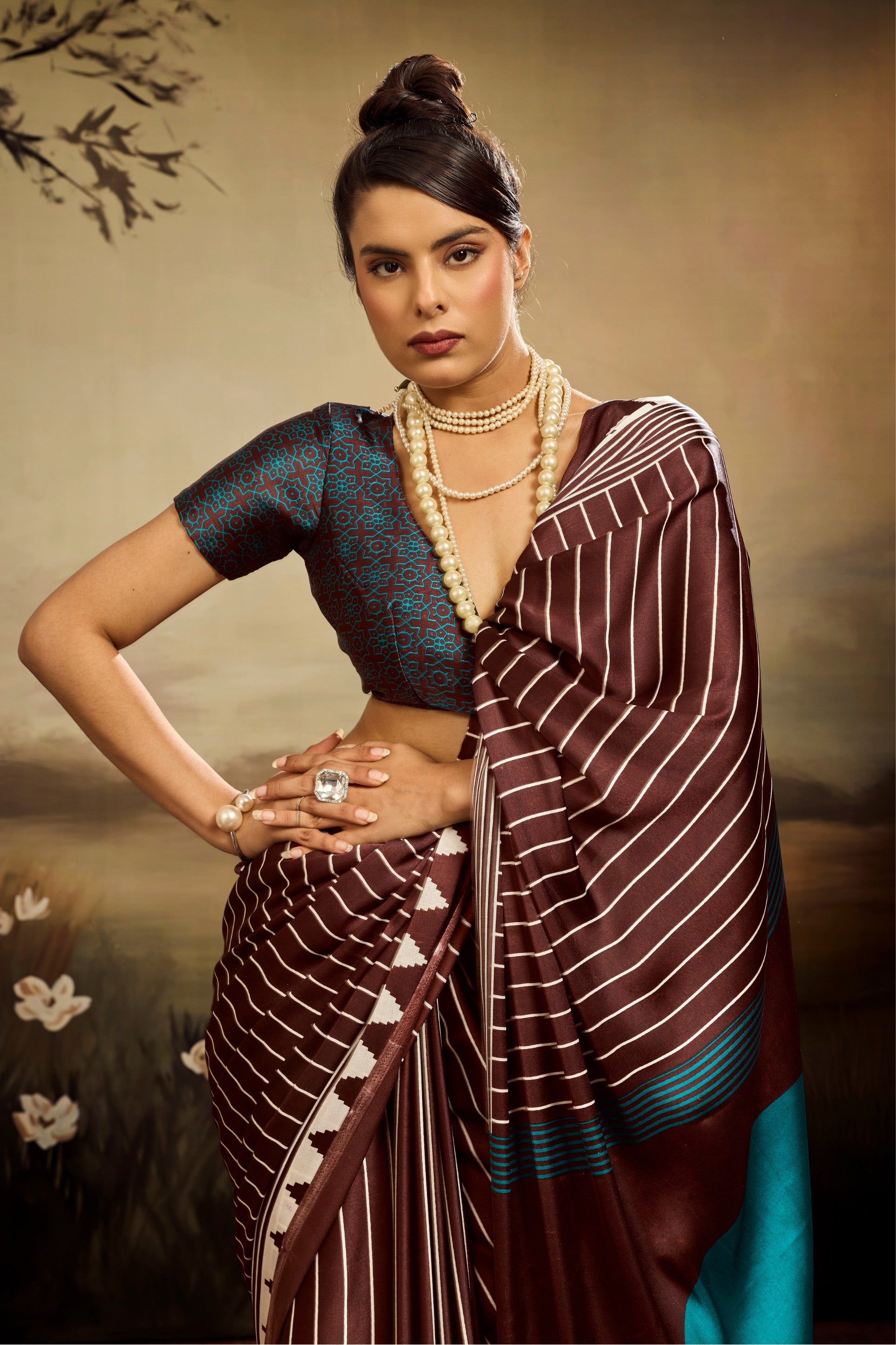 MySilkLove Hickory Brown Ajrakh Printed Satin Crepe Silk Saree