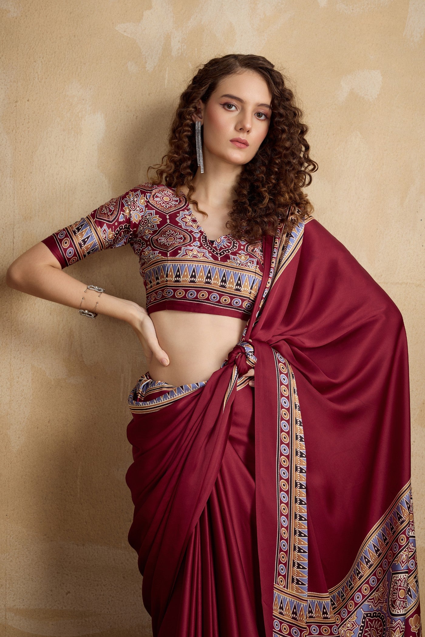 Buy MySilkLove Anemones Maroon Ajrakh Printed Satin Crepe Silk Saree Online