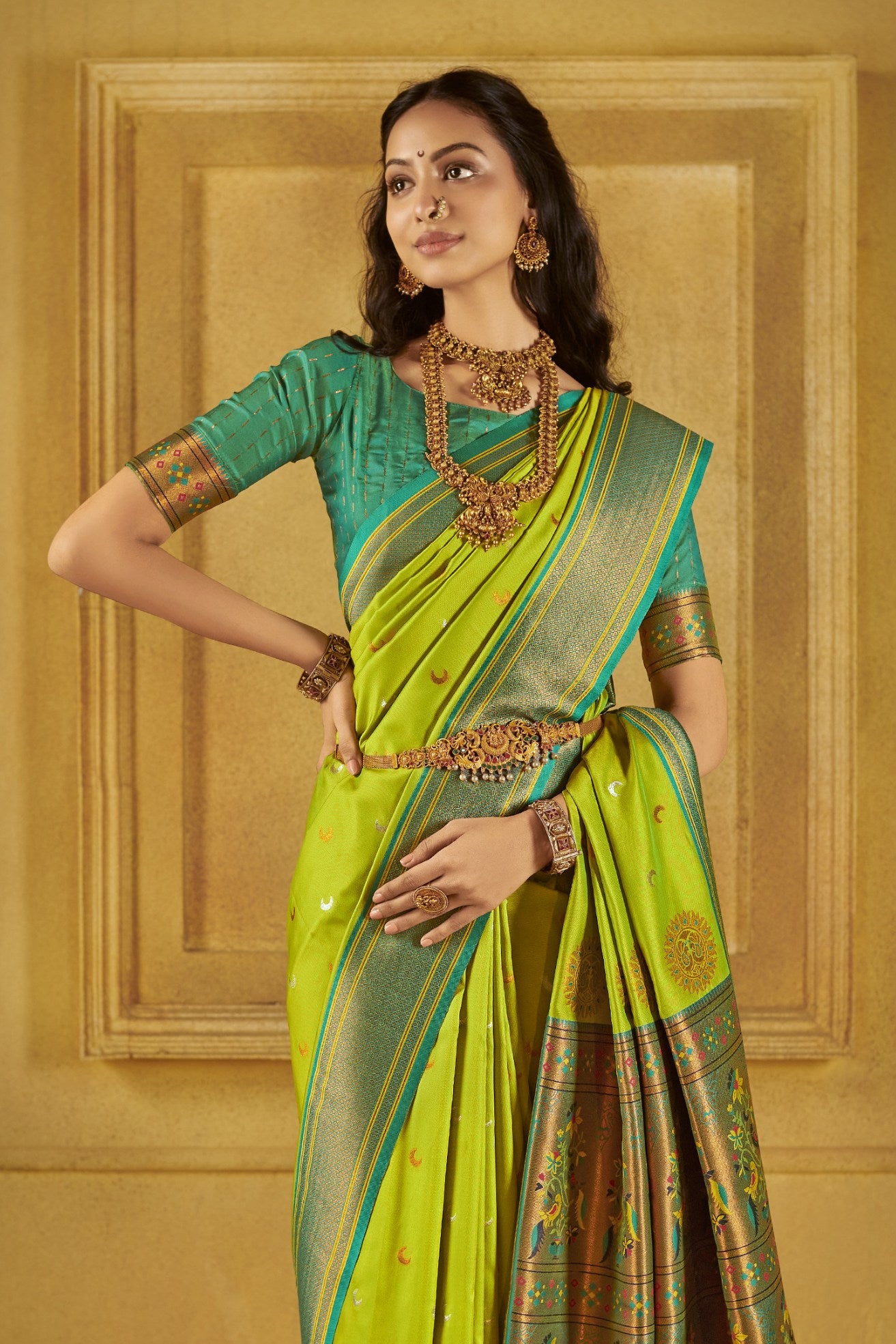 Buy MySilkLove Parrot Green Woven Paithani Saree Online