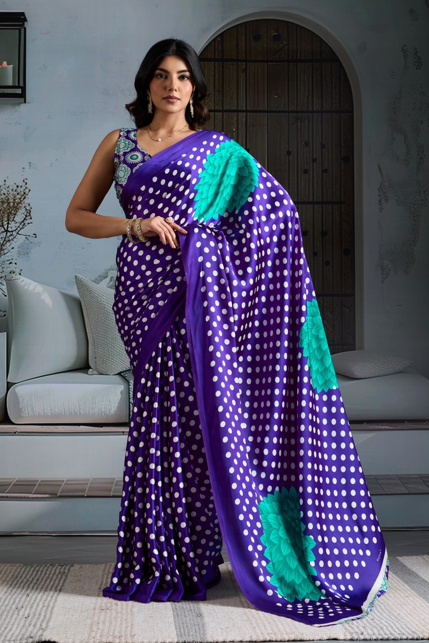 Buy MySilkLove Bondi Blue Printed Polka Dots Satin Crepe Saree Online