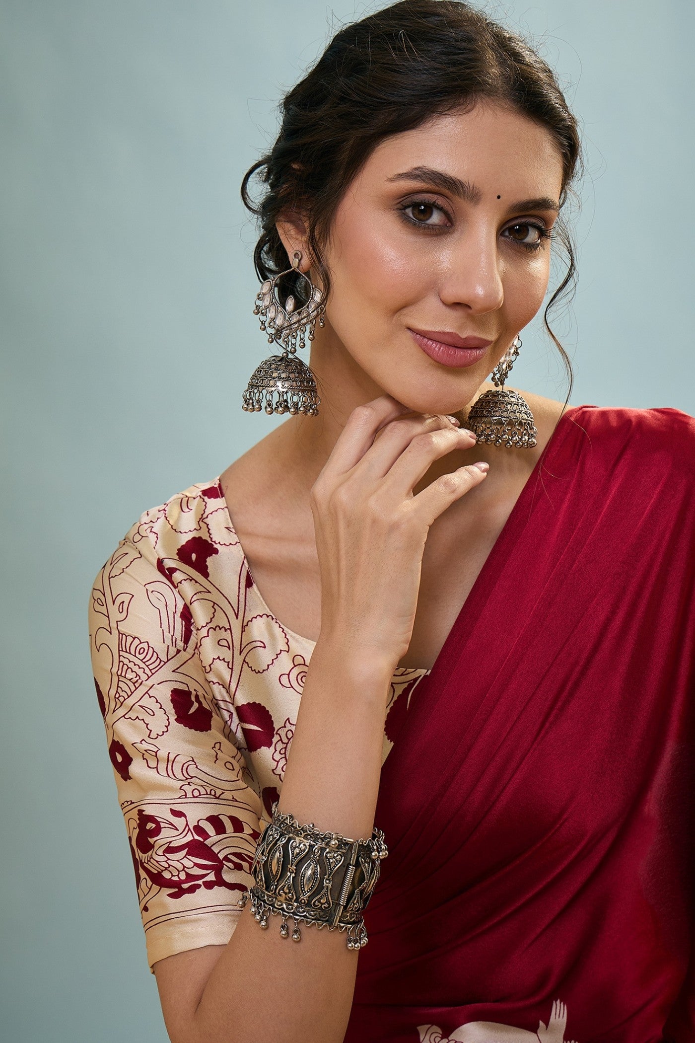 Buy MySilkLove Berry Red Ajrakh Printed Satin Crepe Silk Saree Online