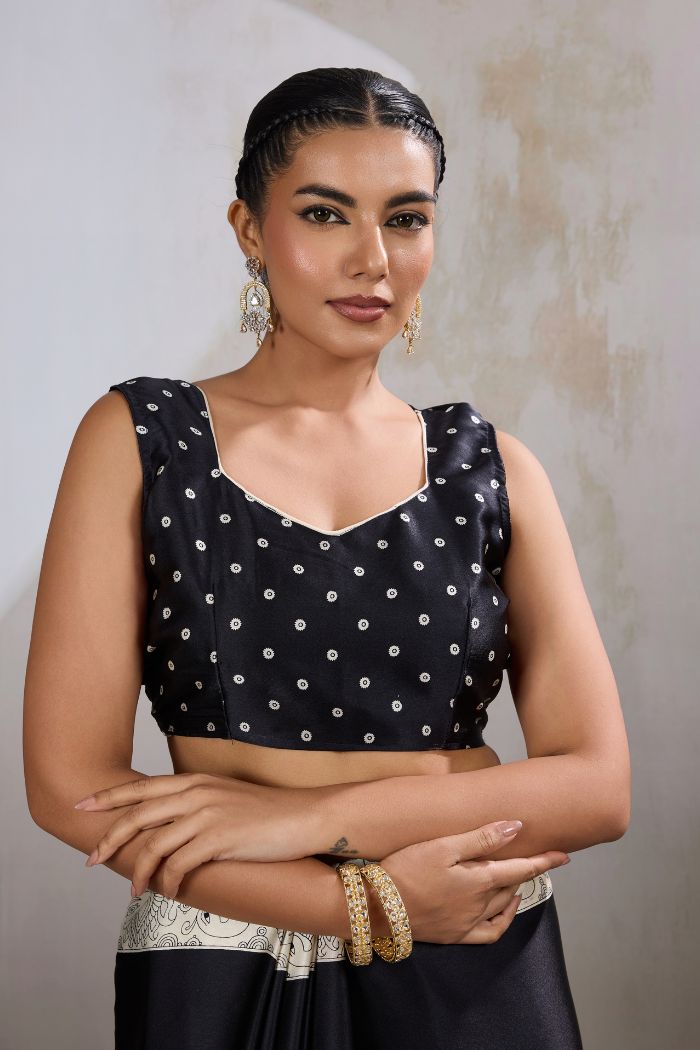 Buy MySilkLove Raven Black Modal Ajrakh Printed Satin Silk Saree Online