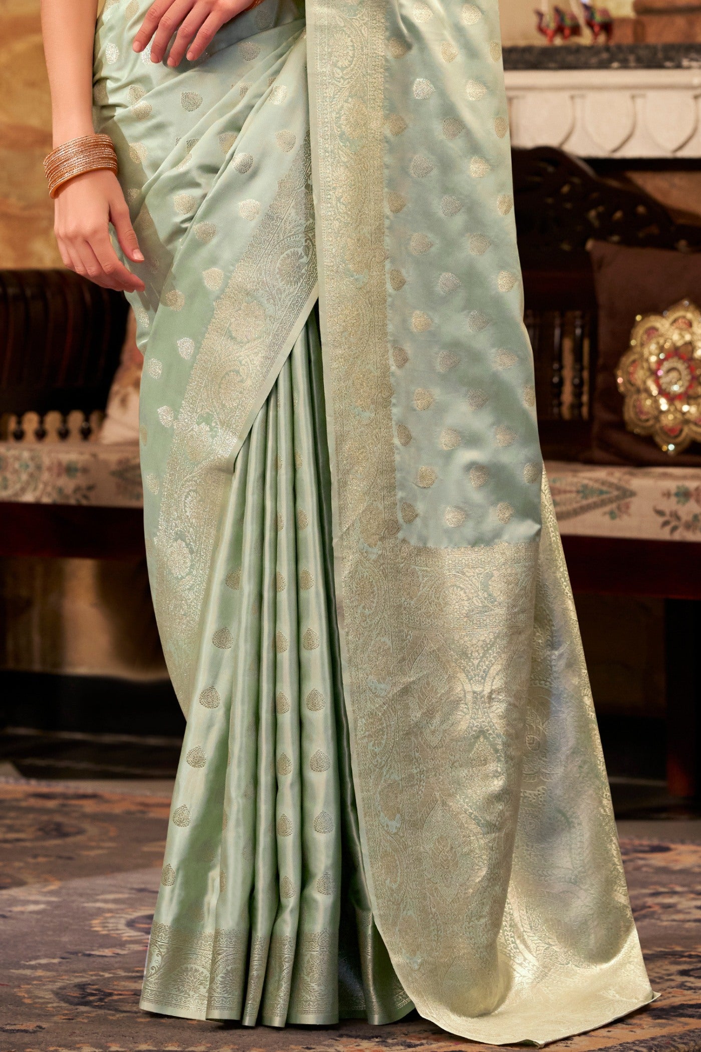Buy MySilkLove Brighten Green Woven Banarasi Satin Soft Silk Saree Online