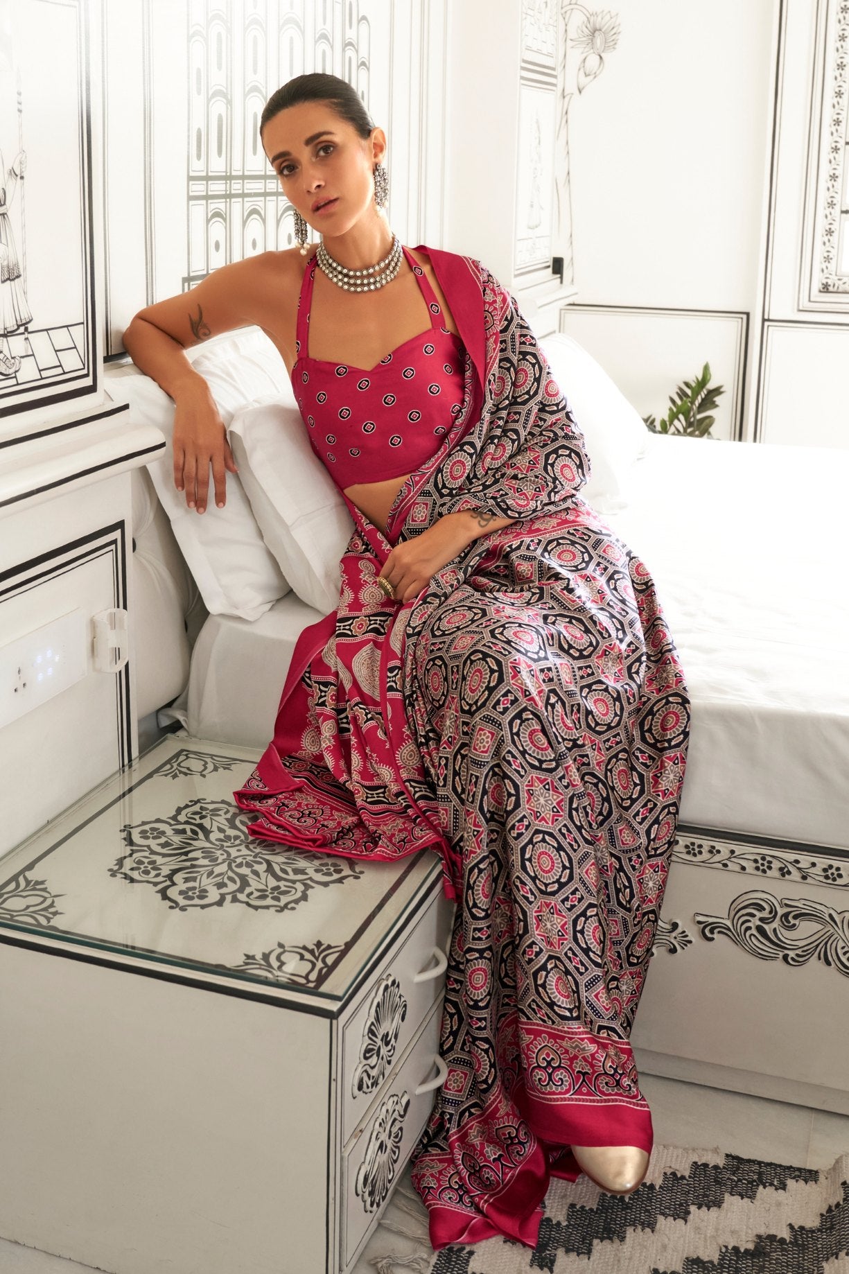 Buy MySilkLove Old Brick Red Printed Ajrakh Satin Crepe Saree Online