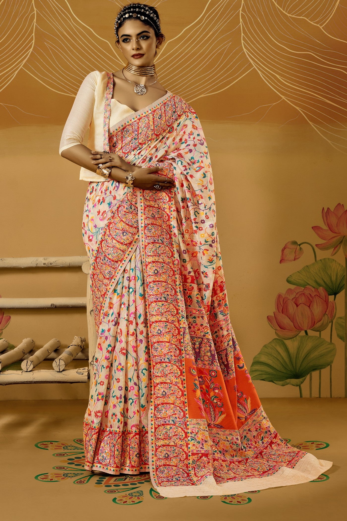 Buy MySilkLove Alhambra Cream Kashmiri Handloom Jamewar Saree Online