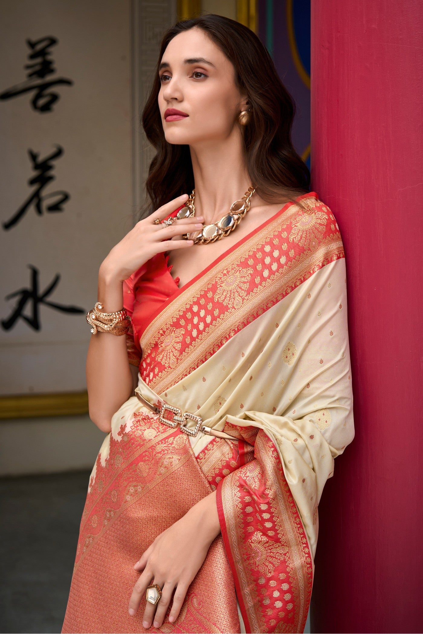 Buy MySilkLove Bisque Cream Woven Banarasi Saree Online