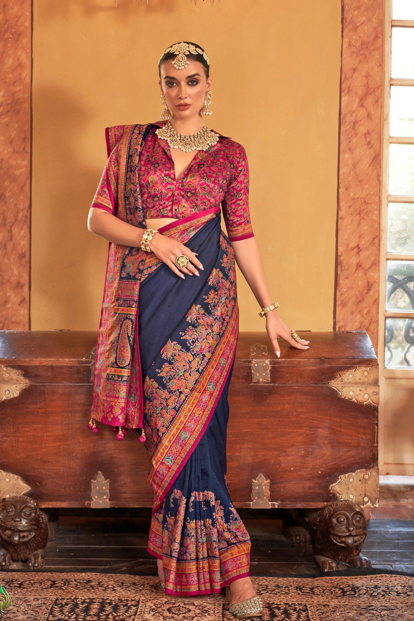 Buy MySilkLove River Bed Blue Printed Banarasi Saree Online
