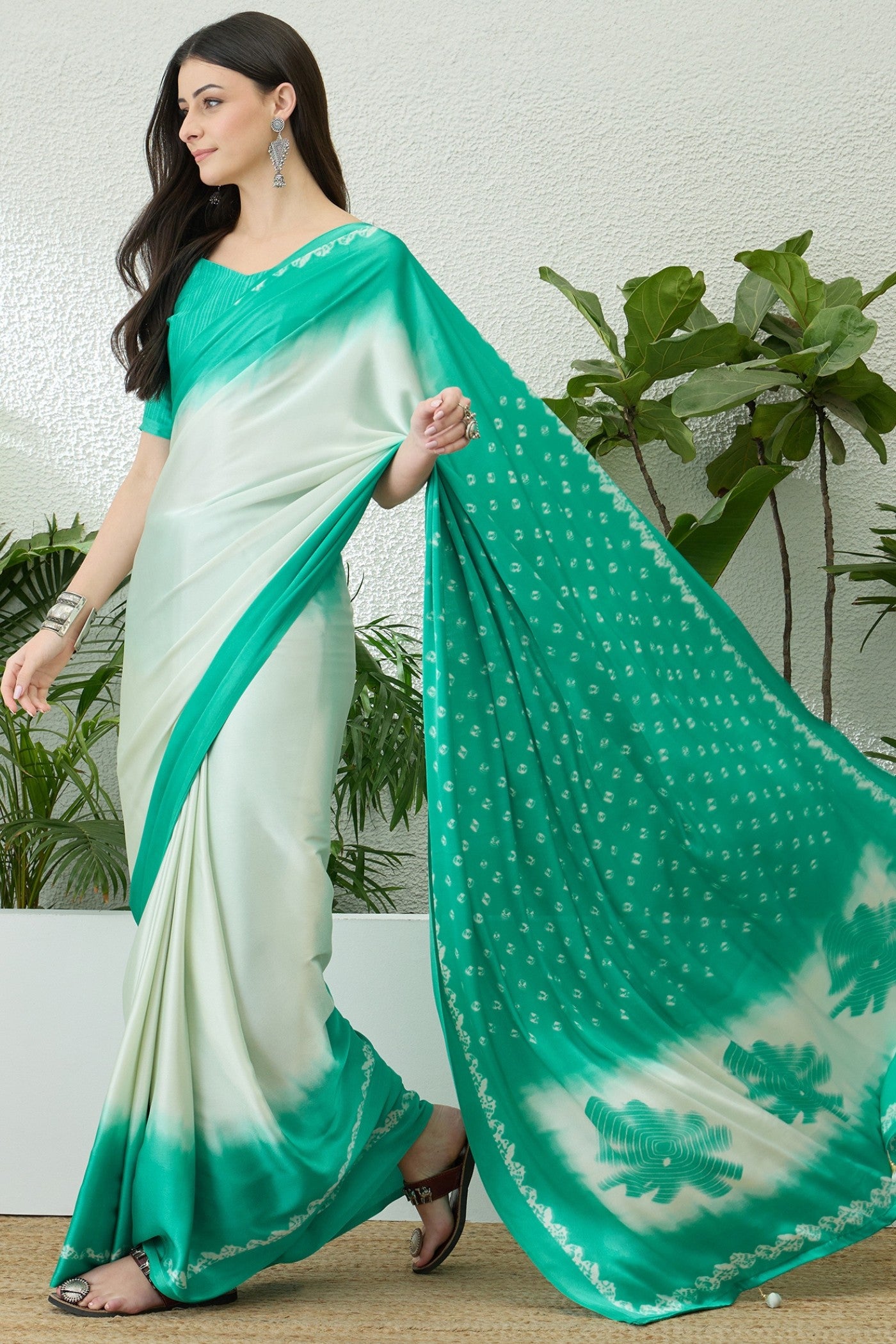 Buy MySilkLove Pearl White and Blue Printed Satin Crepe Silk Saree Online