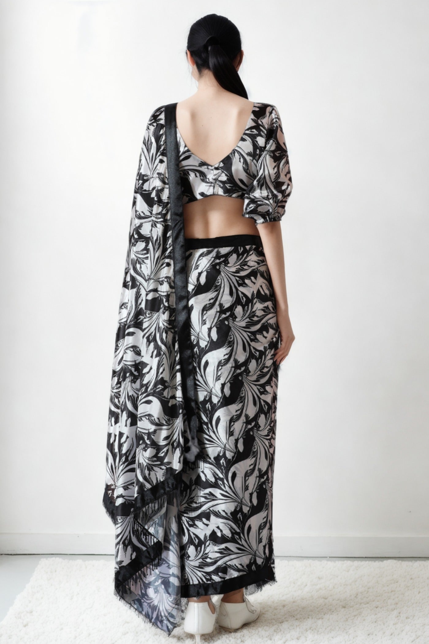 Buy MySilkLove Coral Black Chinon Digital Printed Ready To Wear Saree Online