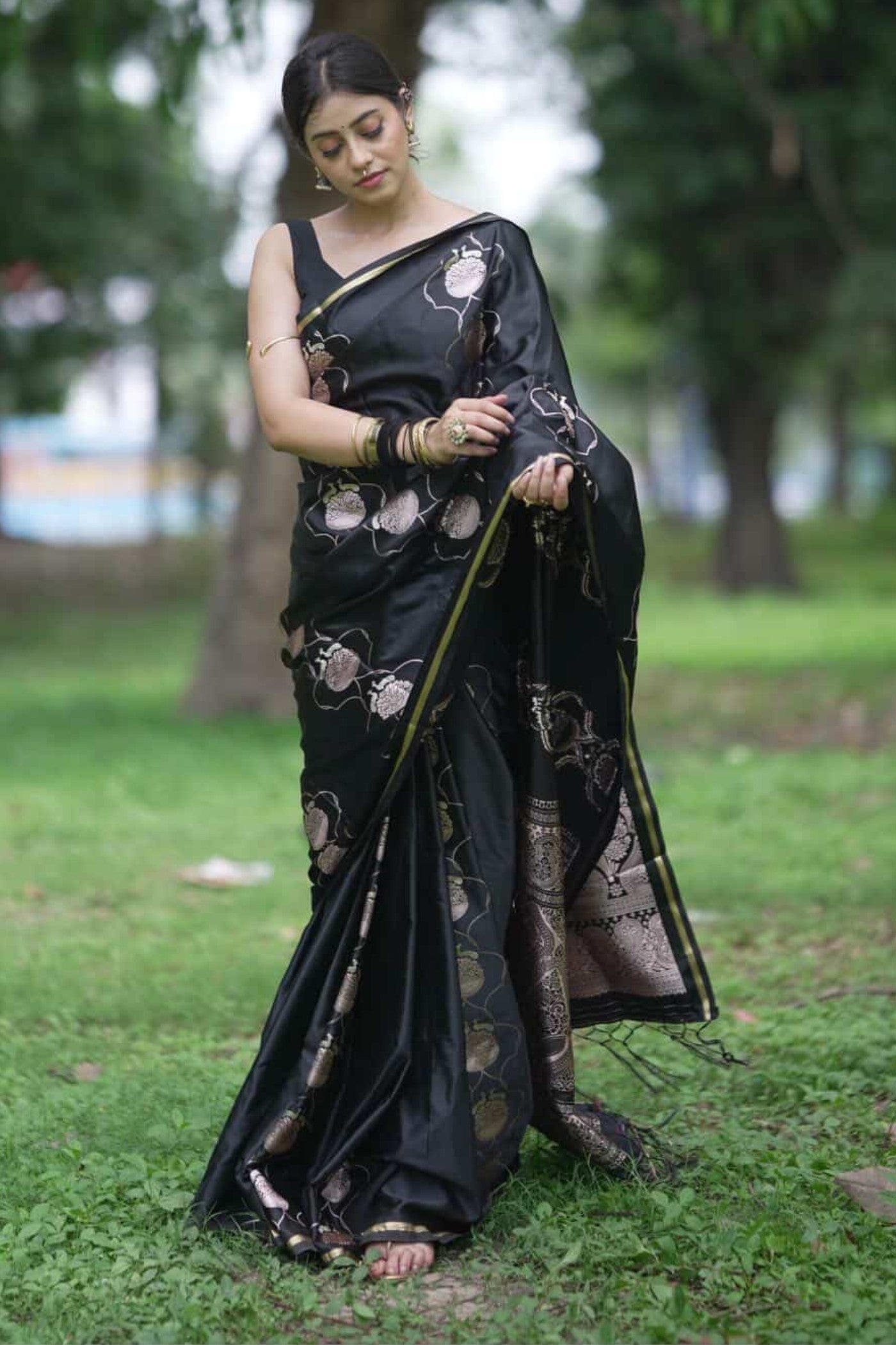 Buy MySilkLove Ink Black Handloom Satin Silk Saree Online