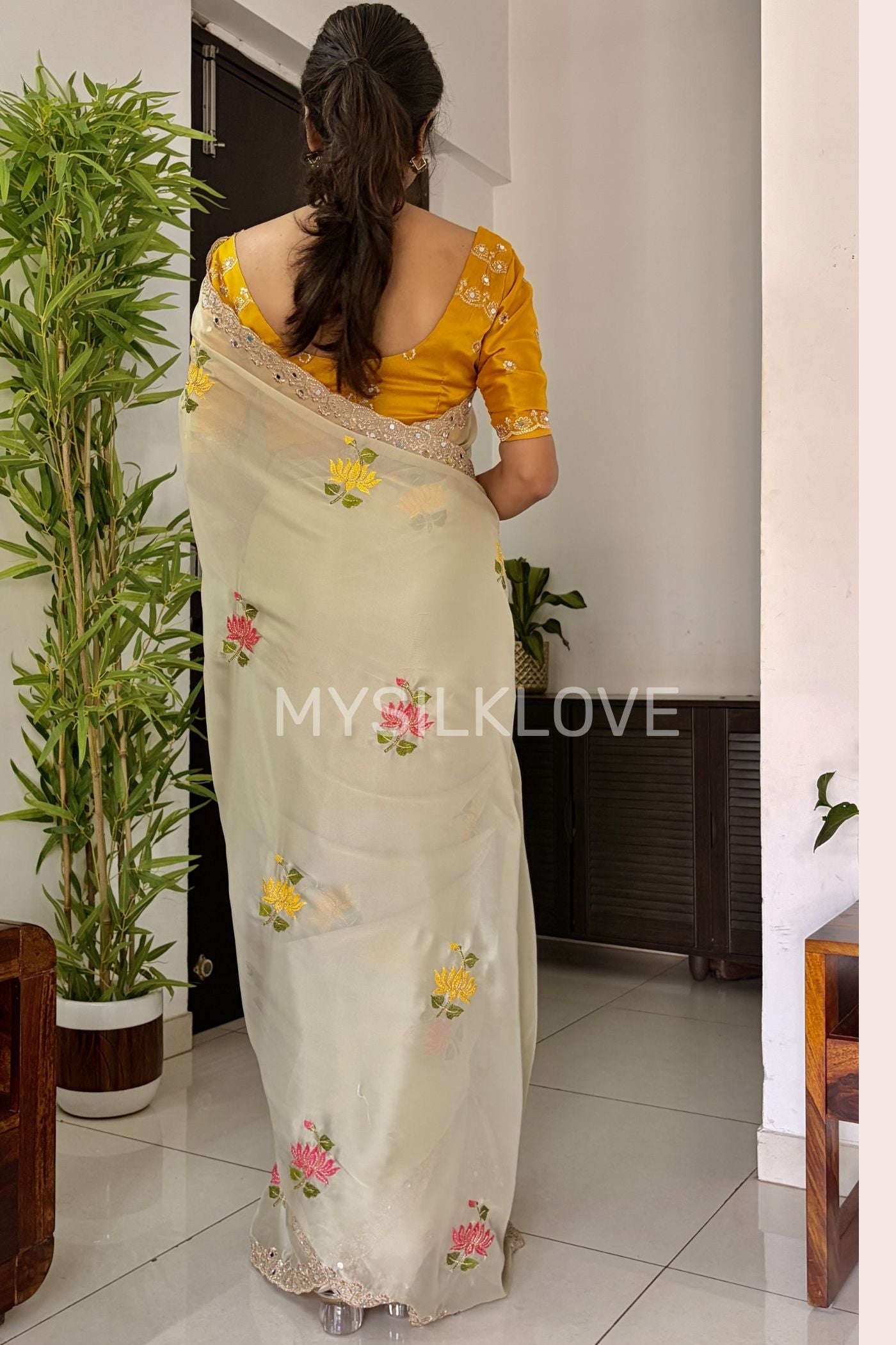 Buy MySilkLove Dutch Cream and Yellow Embroidery Chiffon Floral Saree Online