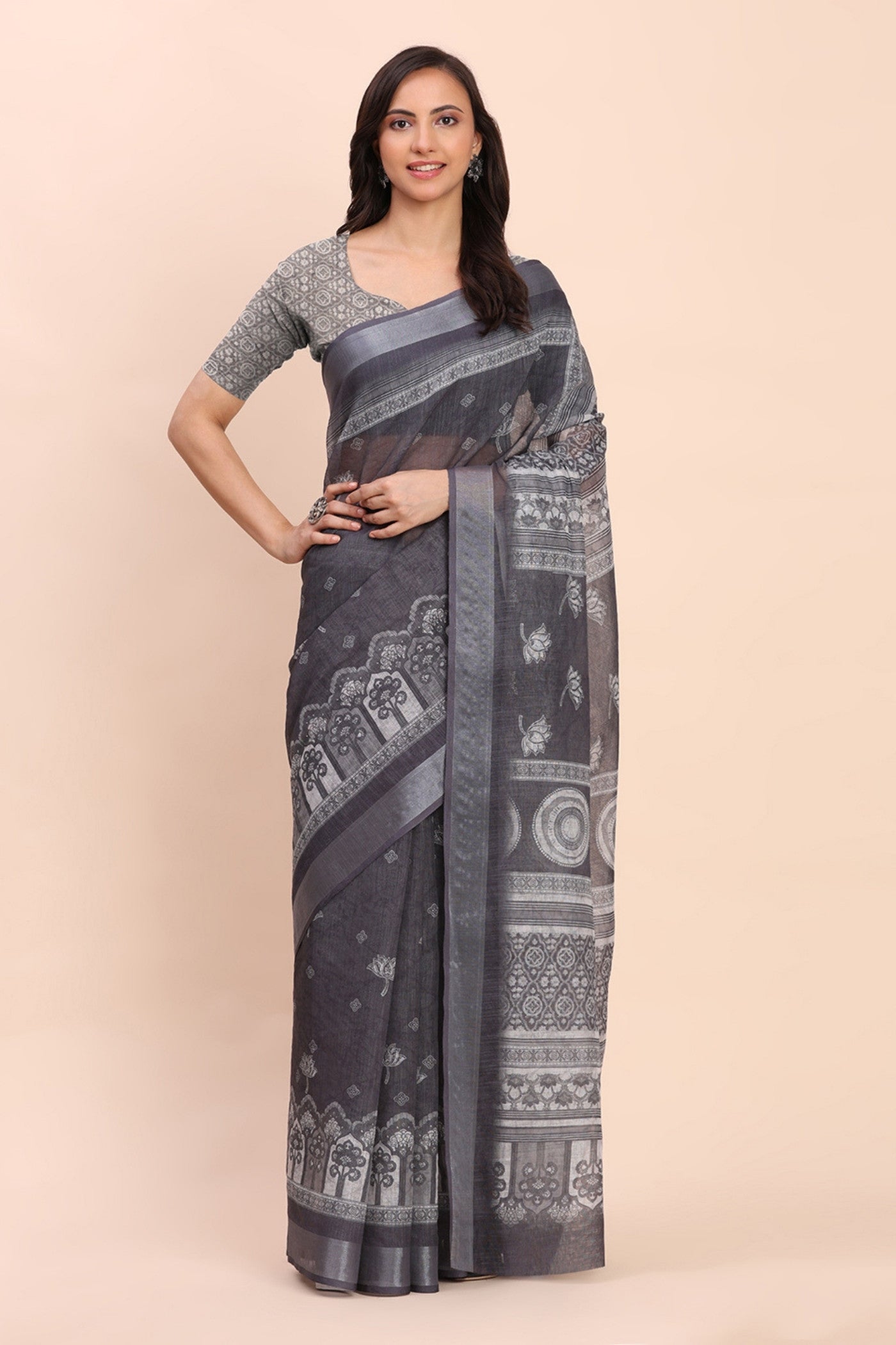 Buy MySilkLove Gunmetal Grey Woven Linen Cotton Saree Online