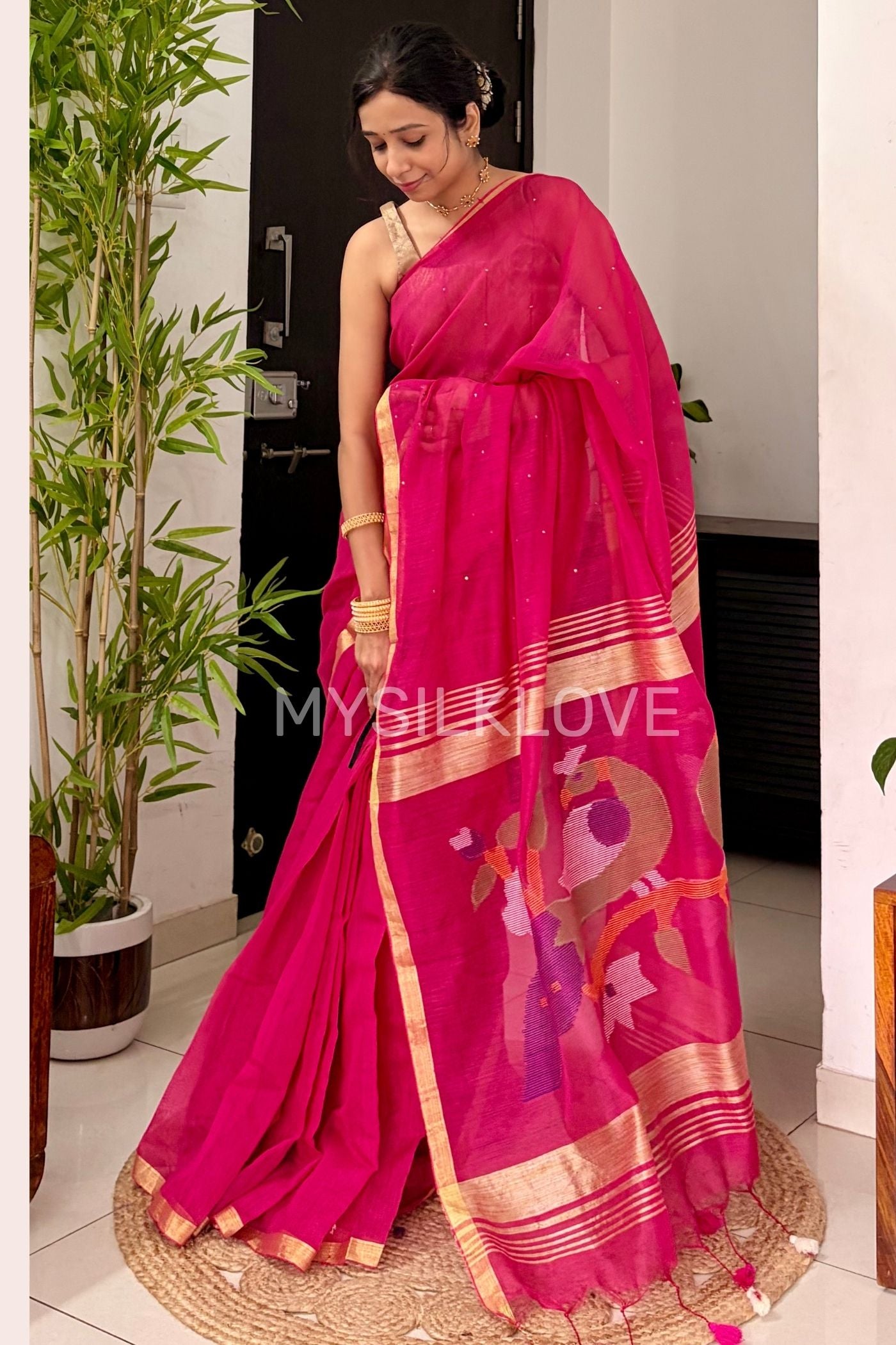 Buy MySilkLove Zinnia Pink Handloom Chanderi Cotton Silk Saree Online