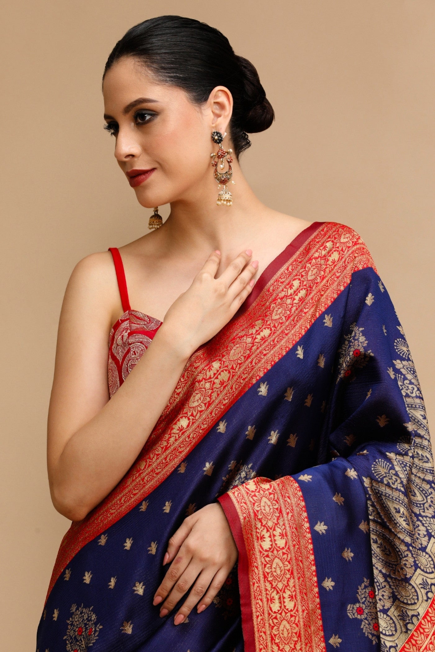 Buy MySilkLove Midnight Blue and Red Woven Jacquard Lichi Silk Saree Online