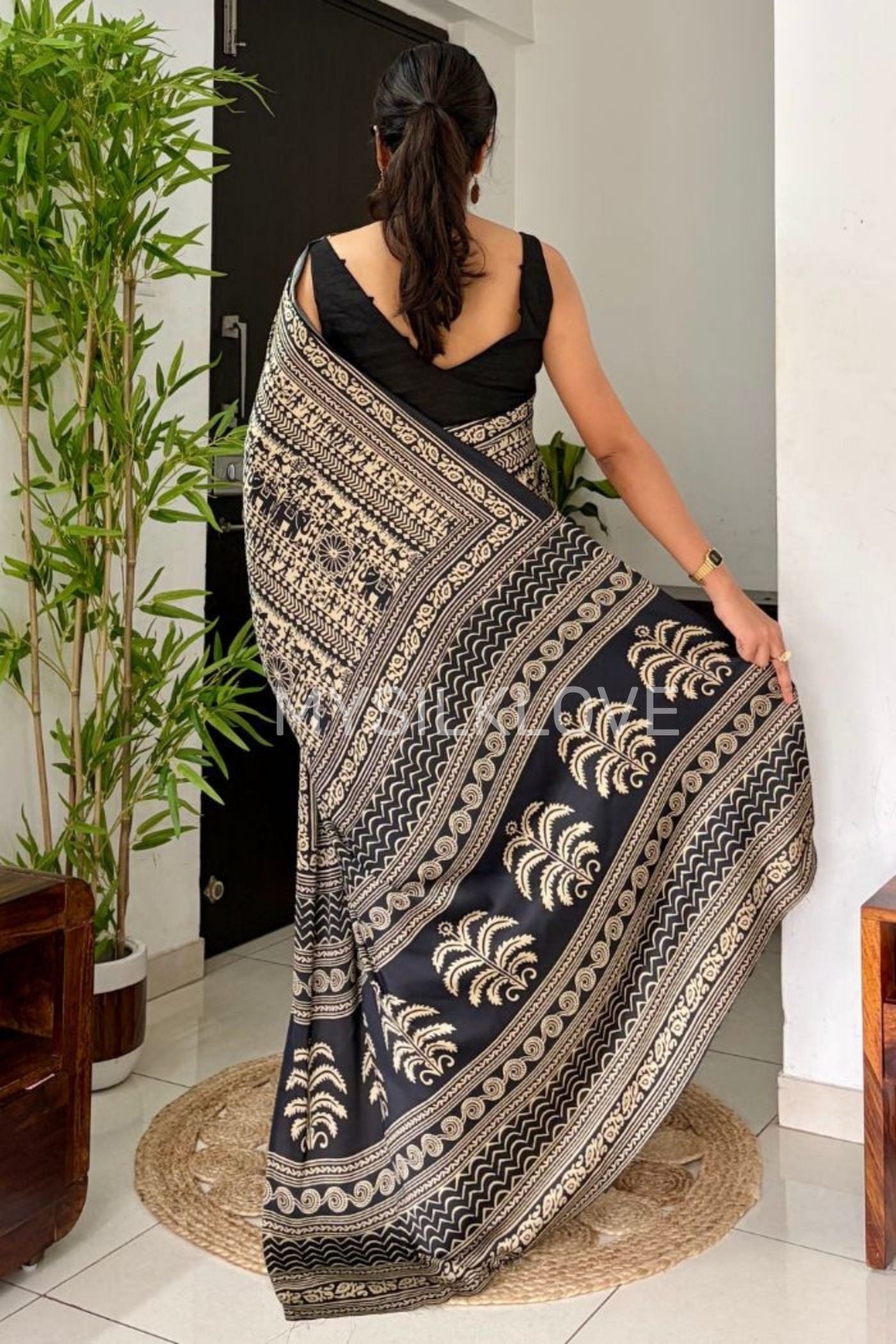 Buy MySilkLove Black Cat Modal Satin Kalamkari Printed Saree Online