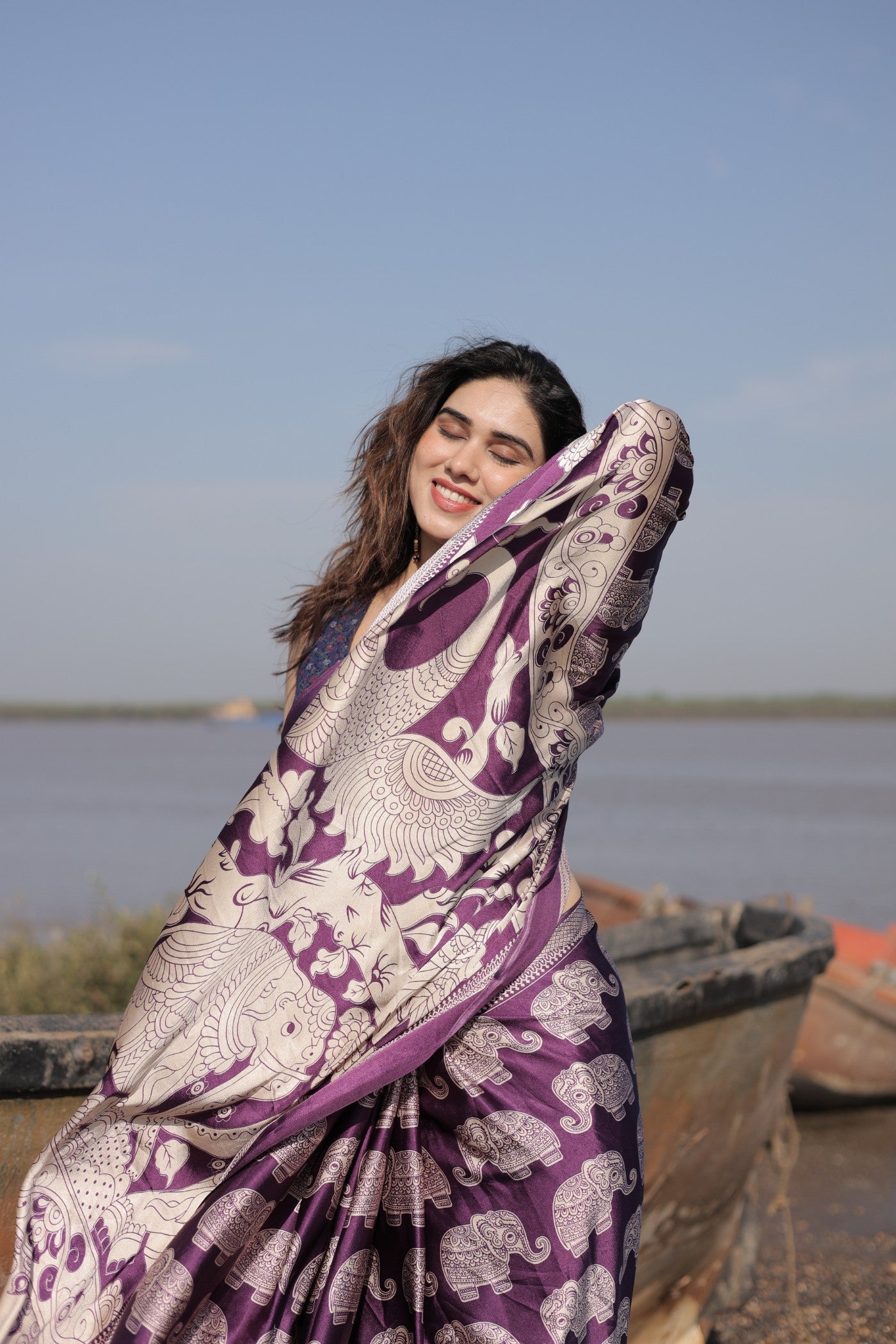 Buy MySilkLove Haze Purple Ajrakh Printed Satin Crepe Silk Saree Online