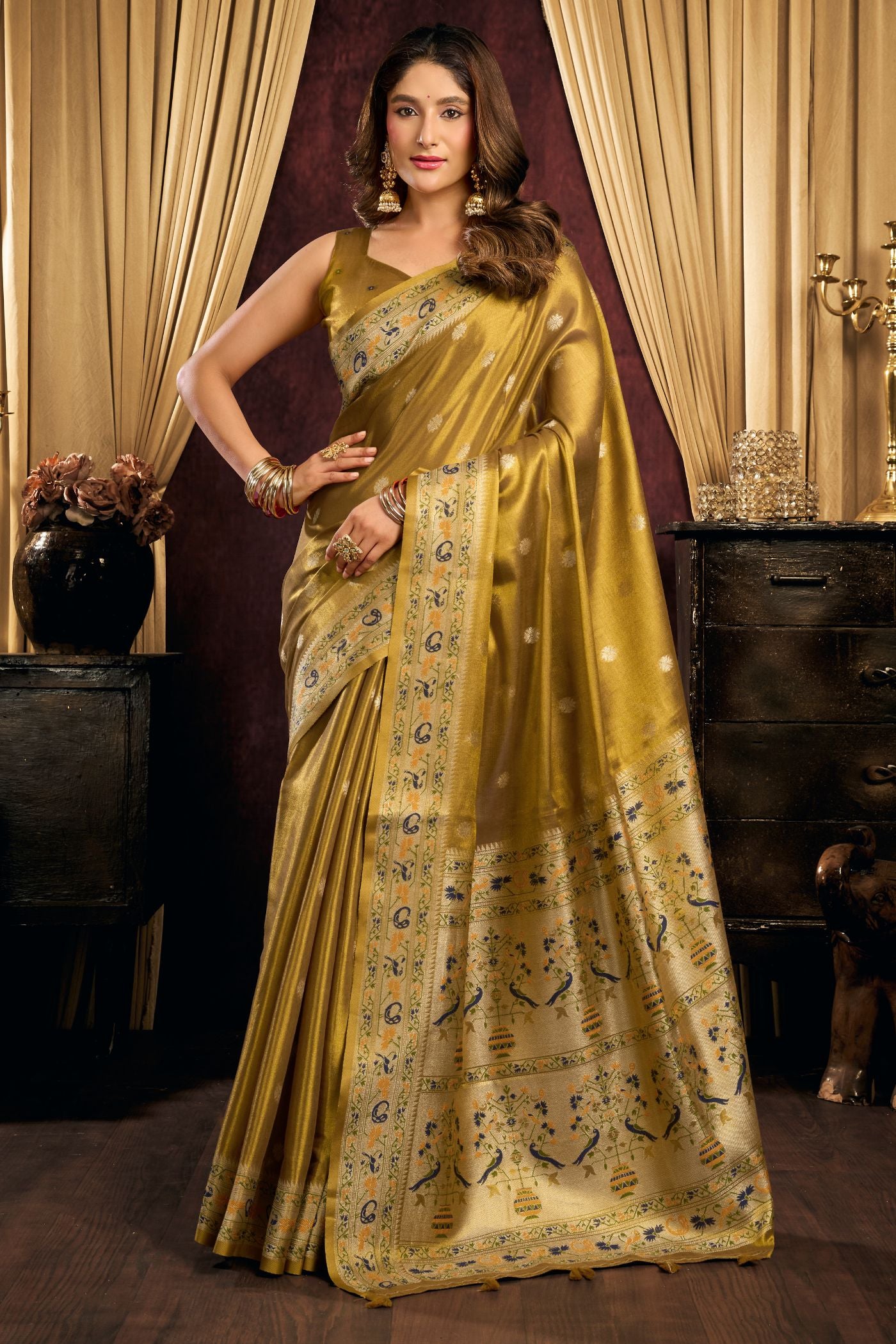 Buy MySilkLove Fern Green Woven Tissue Paithani Saree Online