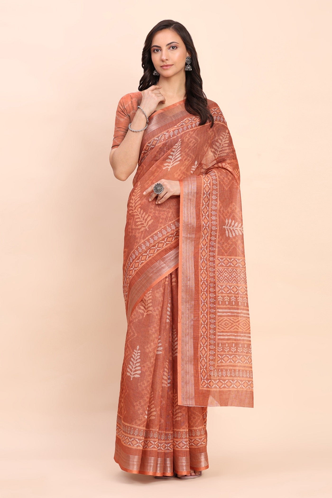 Buy MySilkLove Glossy Orange Woven Linen Cotton Saree Online
