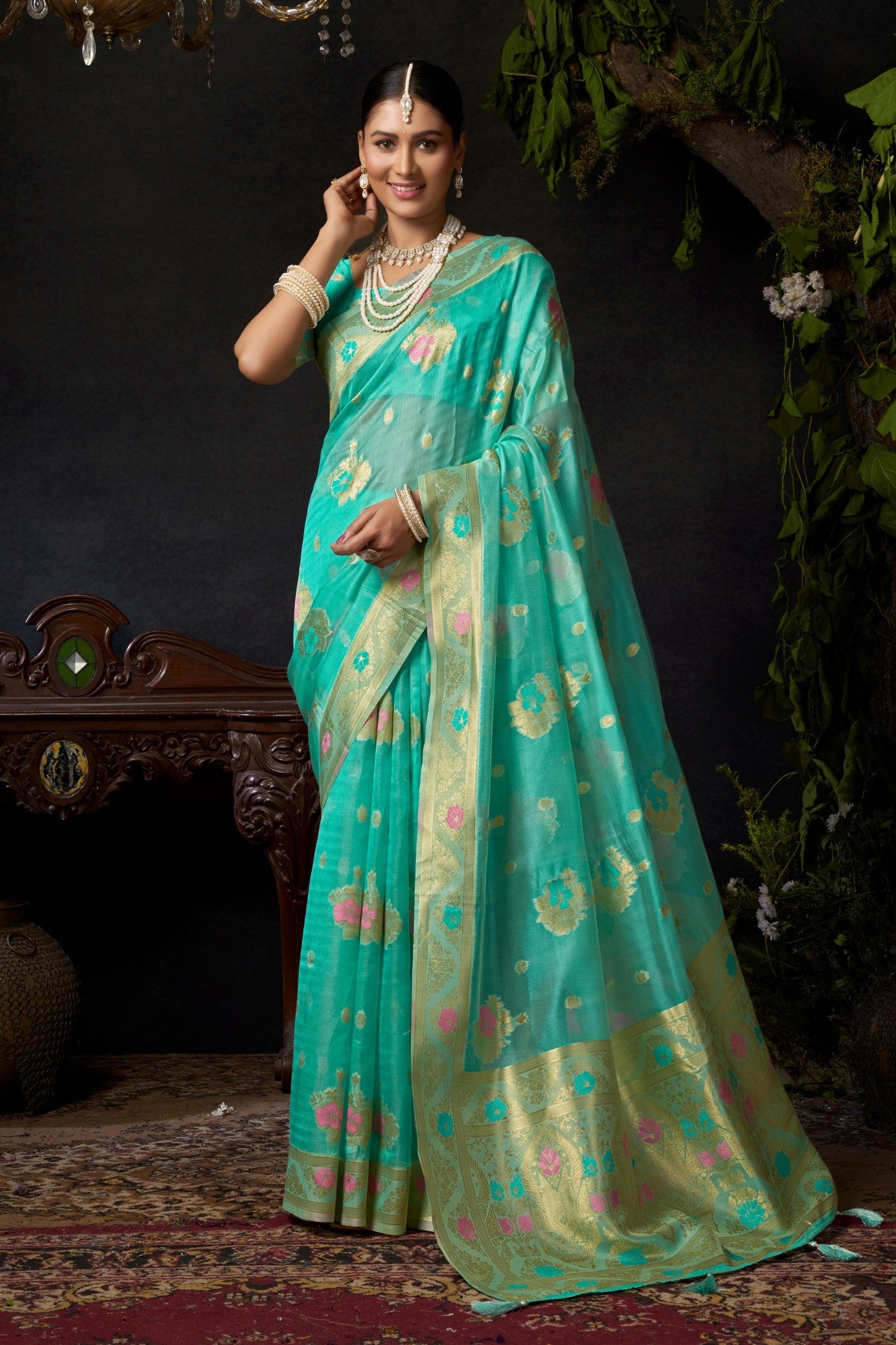 Buy MySilkLove Sky Blue Woven Banarasi Organza Saree Online