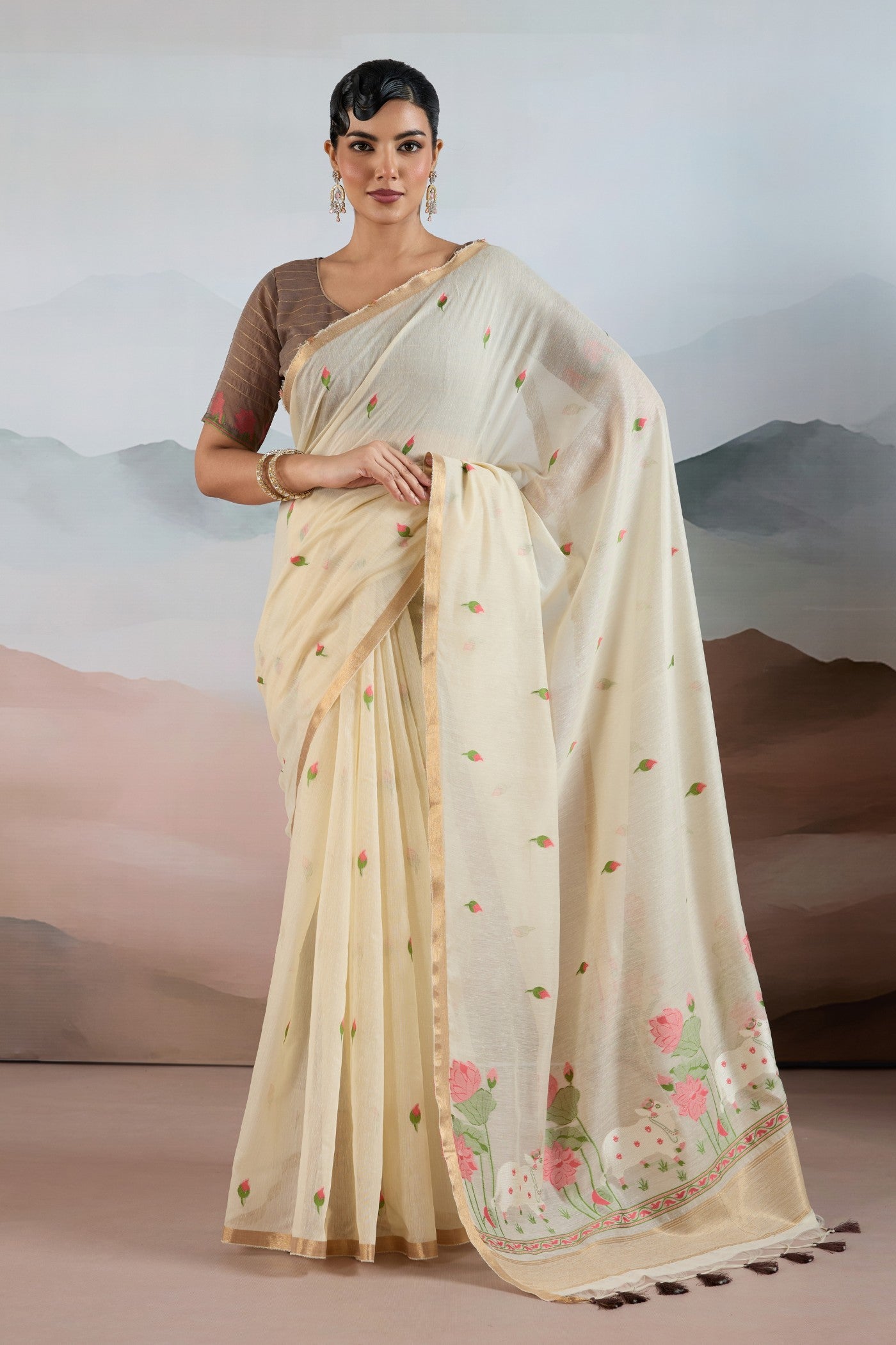 Buy MySilkLove White Smoke Cotton Handloom Pichwai Saree Online