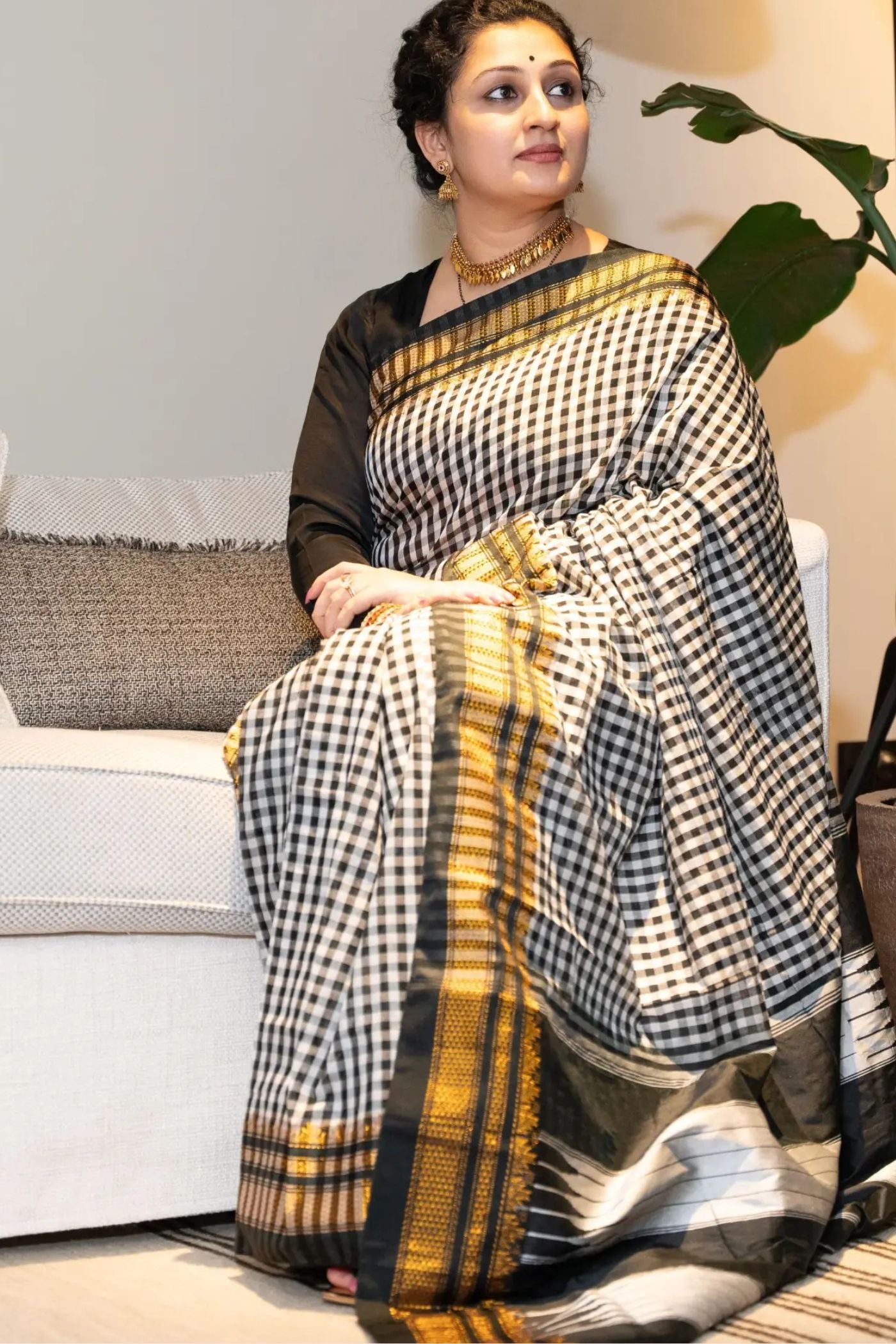 Buy MySilkLove Matte Black Checks Pattern Pure Silk Irkal Saree Online