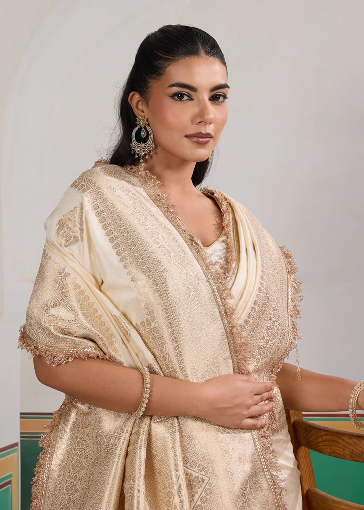 MySilkLove Floral White Woven Banarasi Satin Silk Saree