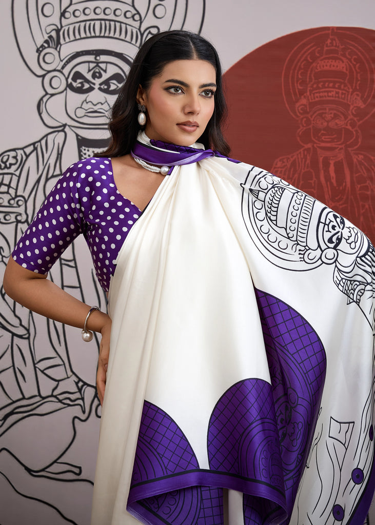 MySilkLove Grape Purple and White Printed Satin Crepe Silk Saree