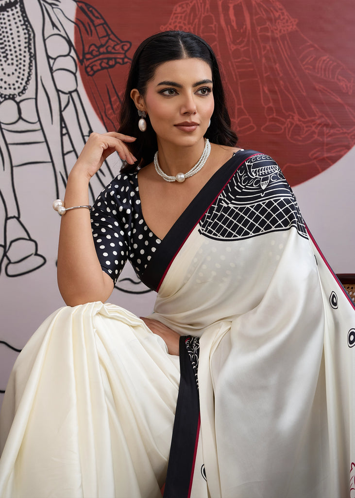 MySilkLove Cool Black and White Printed Satin Crepe Silk Saree