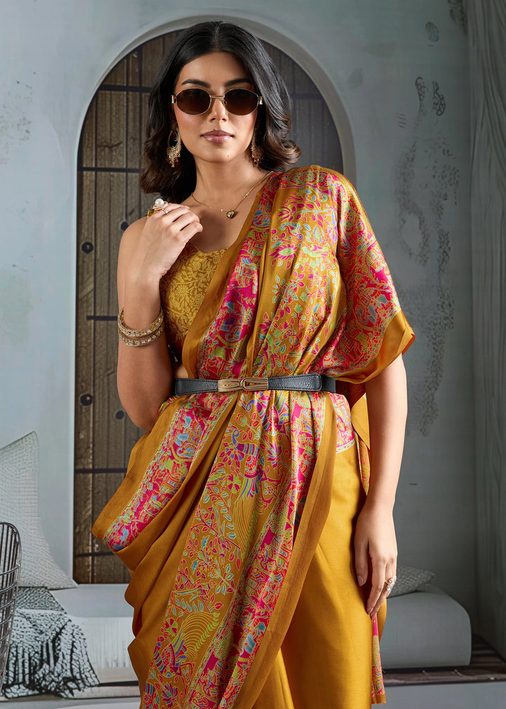 MySilkLove Daisy Yellow Printed Satin Crepe Silk Saree