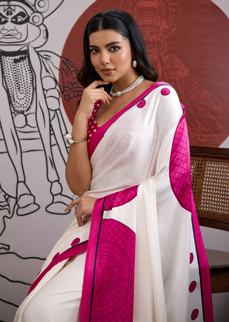 MySilkLove Ultra Pink and White Printed Satin Crepe Silk Saree
