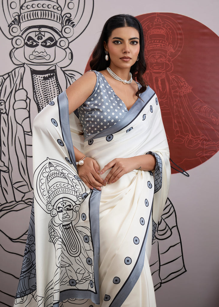 MySilkLove Seal Grey and White Printed Satin Crepe Silk Saree