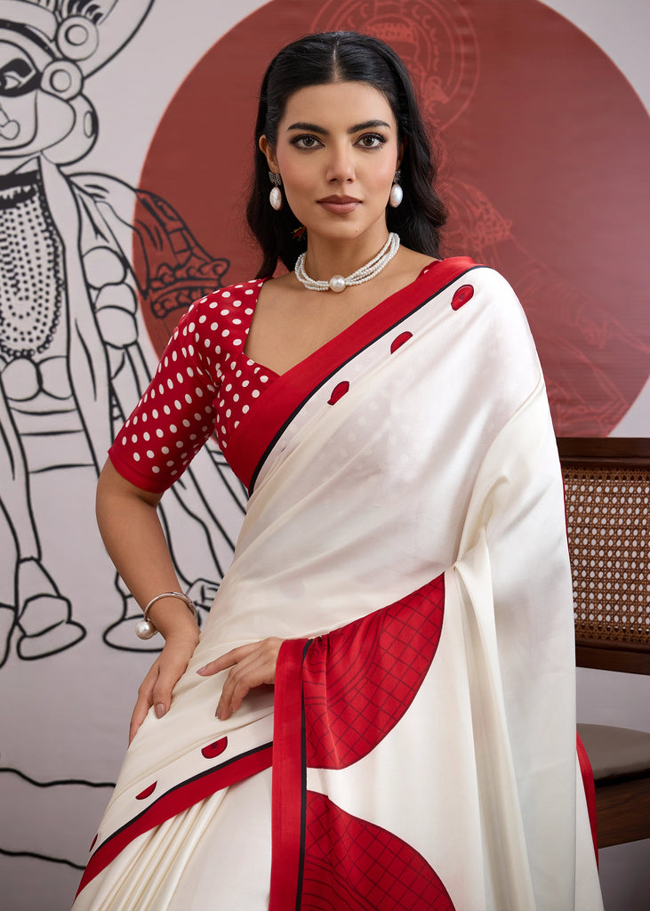 MySilkLove Barn Red and White Printed Satin Crepe Silk Saree