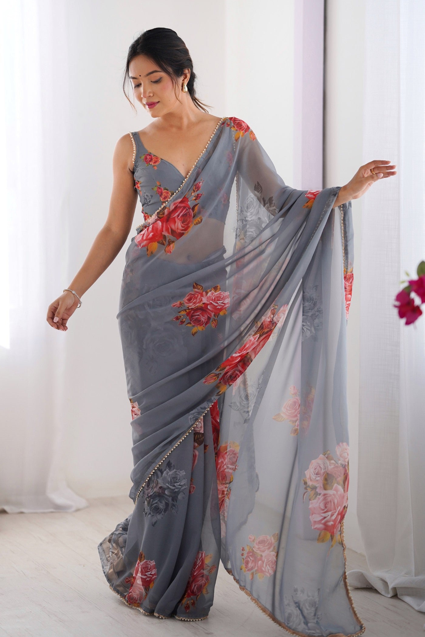 Buy MySilkLove Shadows Grey Printed Georgette Saree Online