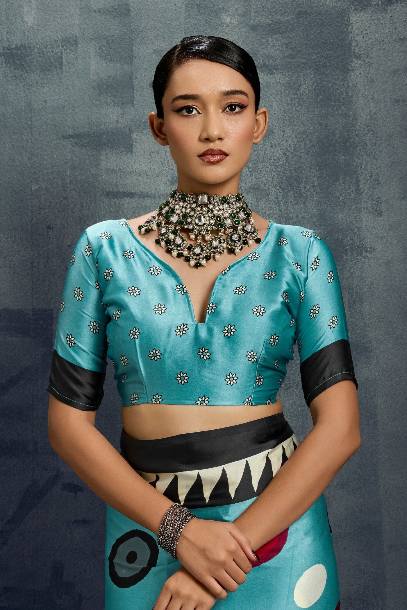 Buy MySilkLove Dusty Blue Ajrakh Printed Satin Crepe Silk Saree Online