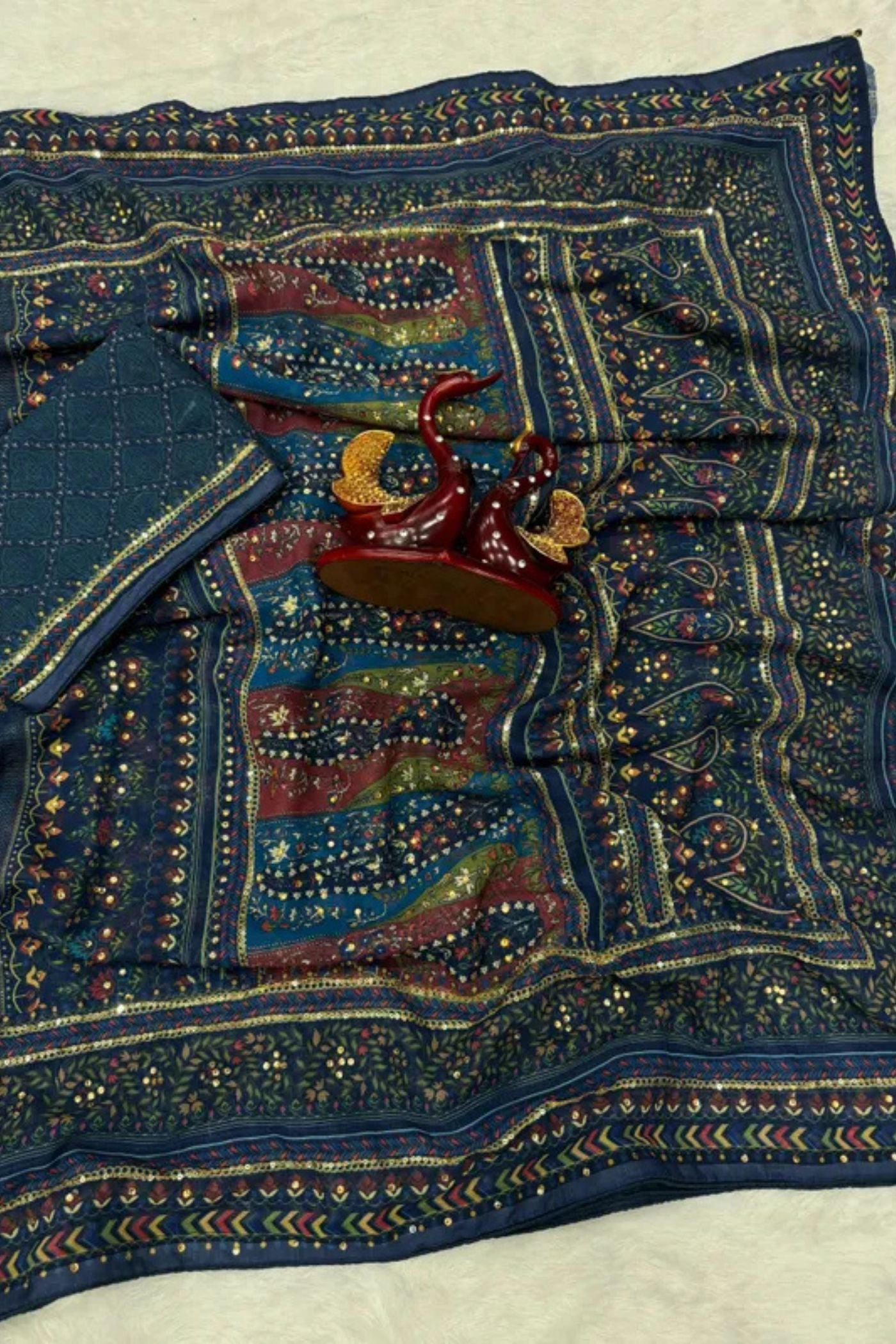 Buy MySilkLove Velvet Blue Georgette Ajrakh Printed Embroidered Saree Online