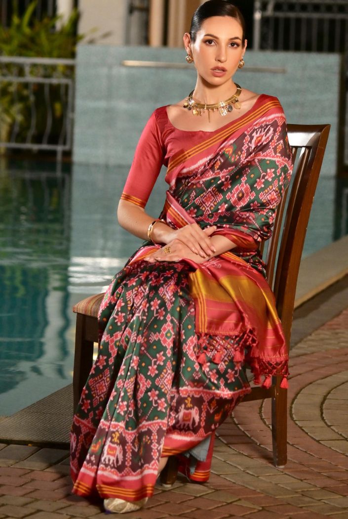 Buy MySilkLove Mantis Green Printed Patola Soft Silk Saree Online