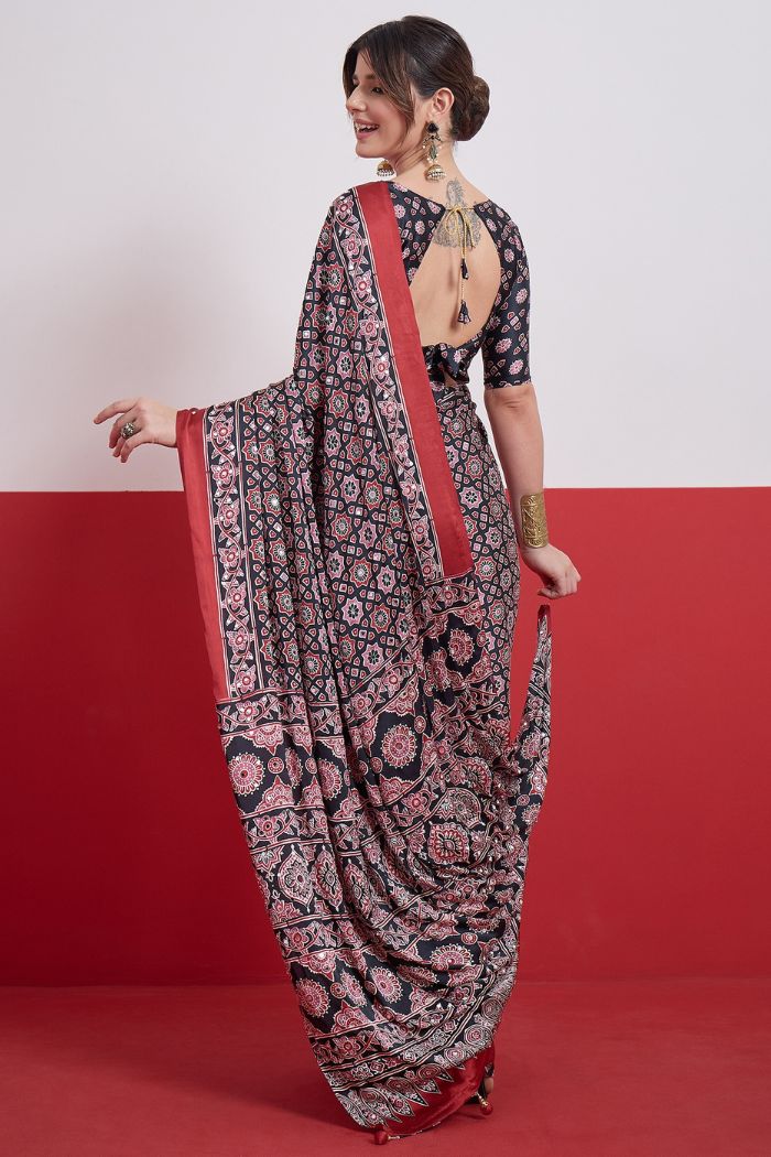 Buy MySilkLove Raven Black Modal Ajrakh Satin Printed Mirror Work Saree Online