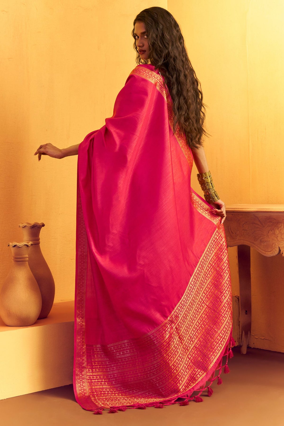 Buy MySilkLove Bright Pink Tussar Handloom Silk Saree Online