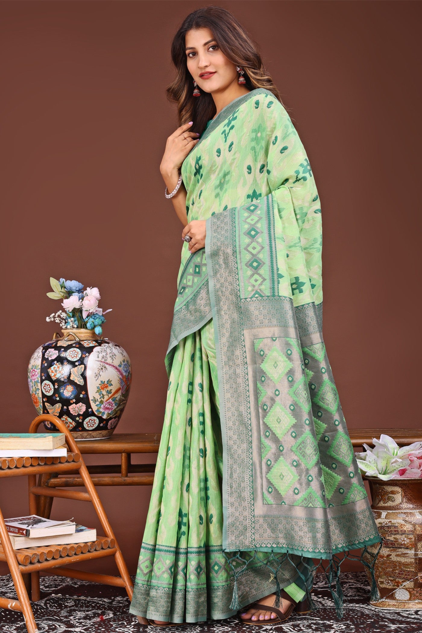 Buy MySilkLove Warm Green Woven Linen Cotton Saree Online