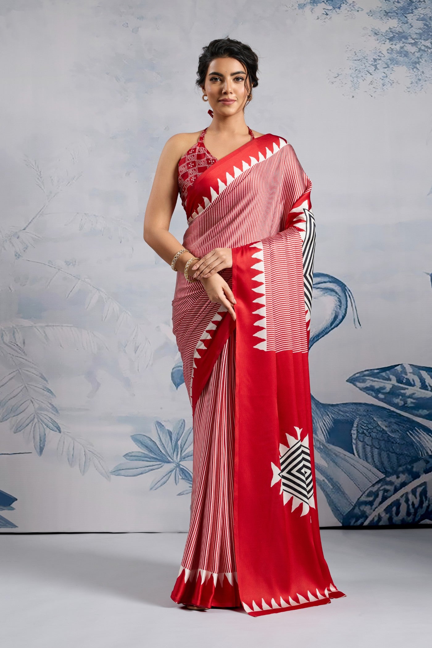 Buy MySilkLove Azalea Red Ajrakh Printed Satin Crepe Silk Saree Online