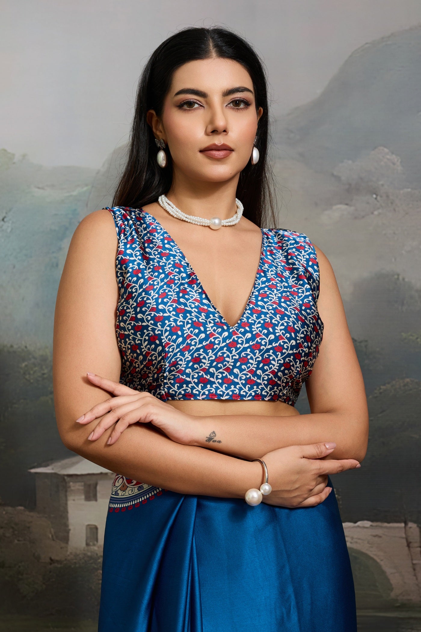Buy MySilkLove French Blue Modal Ajrakh Printed Silk Saree Online